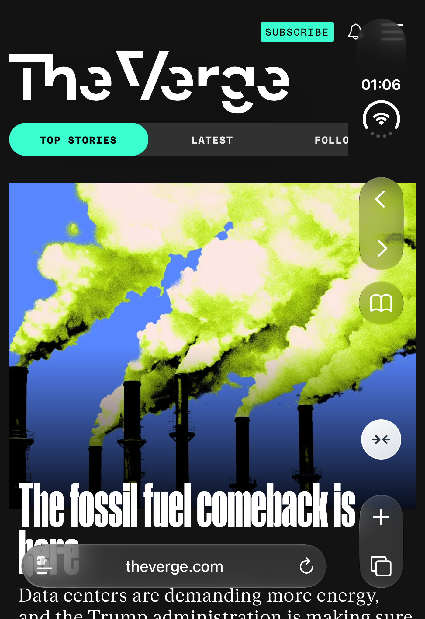 The same Verge article with Wider enabled: its image and content extend across the display, beneath Safari’s right sidebar controls.