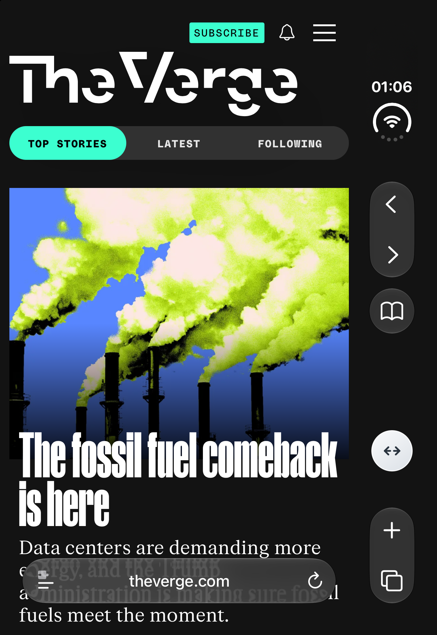 The Verge in Safari on iPhone Duo without Wider: the article stops before the right sidebar, leaving an unused dark strip behind Safari’s controls.