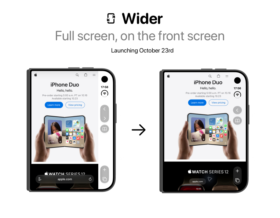 An iPhone Duo showing Safari with a white strip on the right, leaving the website in a narrower column.